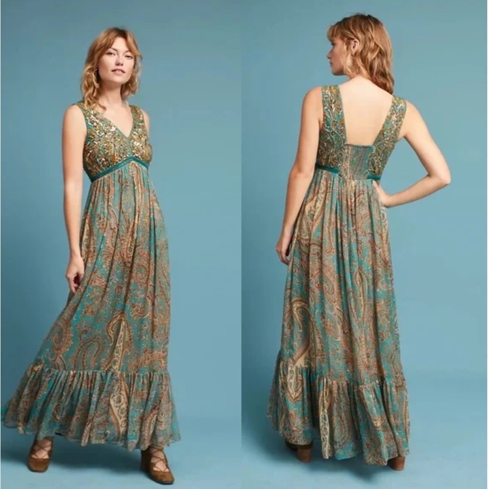 Anthropologie Ranna Gill Beaded Paisley Maxi Dress - Green & Gold - 2P